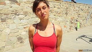 Small Tit Brunette Gives Blowjob To A Big Cock