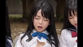Three Japanese Girls Squirting Outdoor in Rain