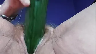 Granny fucks hairy pussy and ass with cucumber
