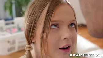 Teen babe tips crew with sloppy blowjob