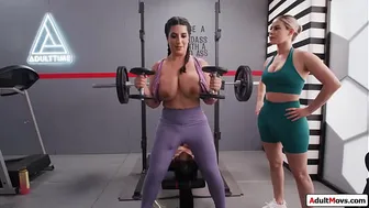 Busty Futa babe sucked off during squats by asian futanari