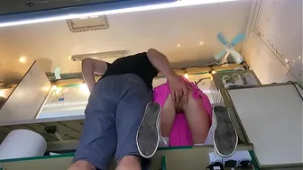 The boss is playing with his sexy shop assistant pussy while she talks to the customer