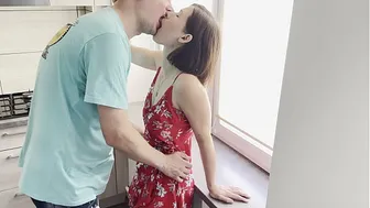 Hot brunette deep fucked in the kitchen, deep throat cuming