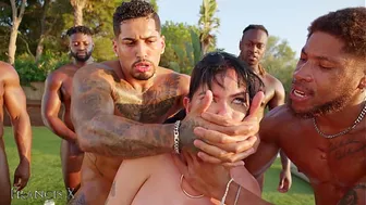 Outdoor Gangbang 9 Guys Fuck Latina Slut in Lingerie with Anal and DP