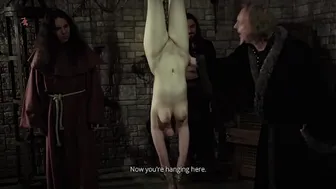 Mooin Witch – The exhausted milkmaid is pulled upside down to the ceiling with weights at her wrists to be tormented and interrogated further and to see milk flowing (preview)
