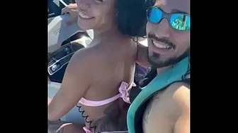 Young slut left her husband on the beach and had sex with the instructor on the jet ski.