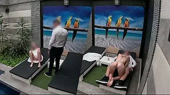 I undress in front of the hotel waiter, he agrees to eat my tight pussy and I give him a blowjob until he cums in my mouth