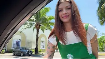 A slut from Starbucks decided to earn extra money by having sex with a client