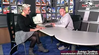 German short-haired stepmother seduces her stepson in the office