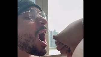 The naughty girl with milk in her breasts loves to be sucked by a man who drinks her breast milk.