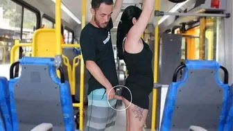 ABSURD IN PUBLIC ON THE BUS man rubs his dick on the brunette until he cums on her ass and dress