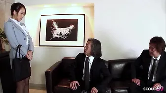 Asian Office Girl talk to DP and Anal MMF Threesome Fuck by two old Guys