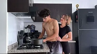 I take advantage of the fact that nobody is home to fuck my stepmother in the kitchen
