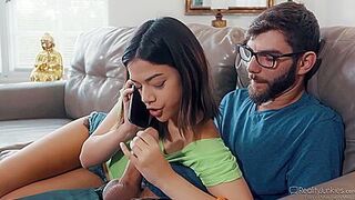 Harmony Wonder And Logan Long - Pleasuring Bearded Guy On Leather Couch